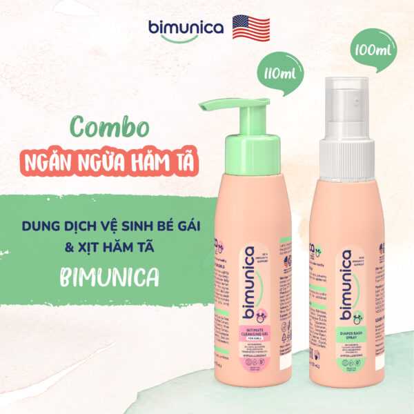 Combo Dung dịch vệ sinh dành cho bé gái Bimunica (110 ml) và Xịt chống hăm tã Bimunica (100 ml)