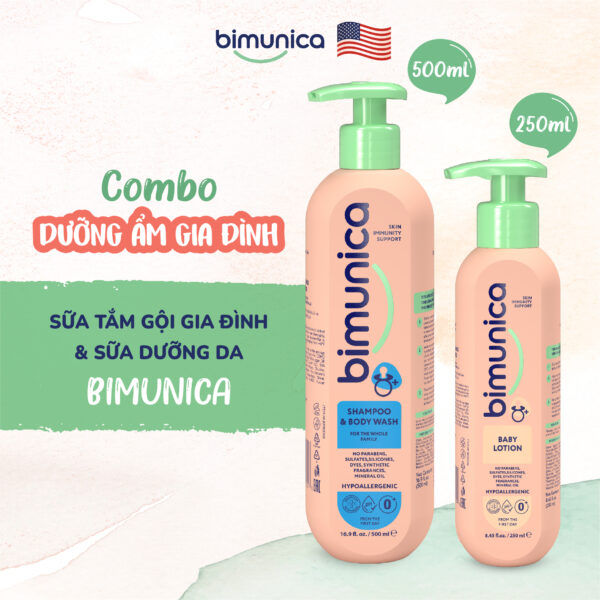 Combo Sữa tắm gội toàn thân Bimunica dành cho cả gia đình (500 ml) và Sữa dưỡng da Bimunica dành cho trẻ sơ sinh và trẻ nhỏ (250 ml)